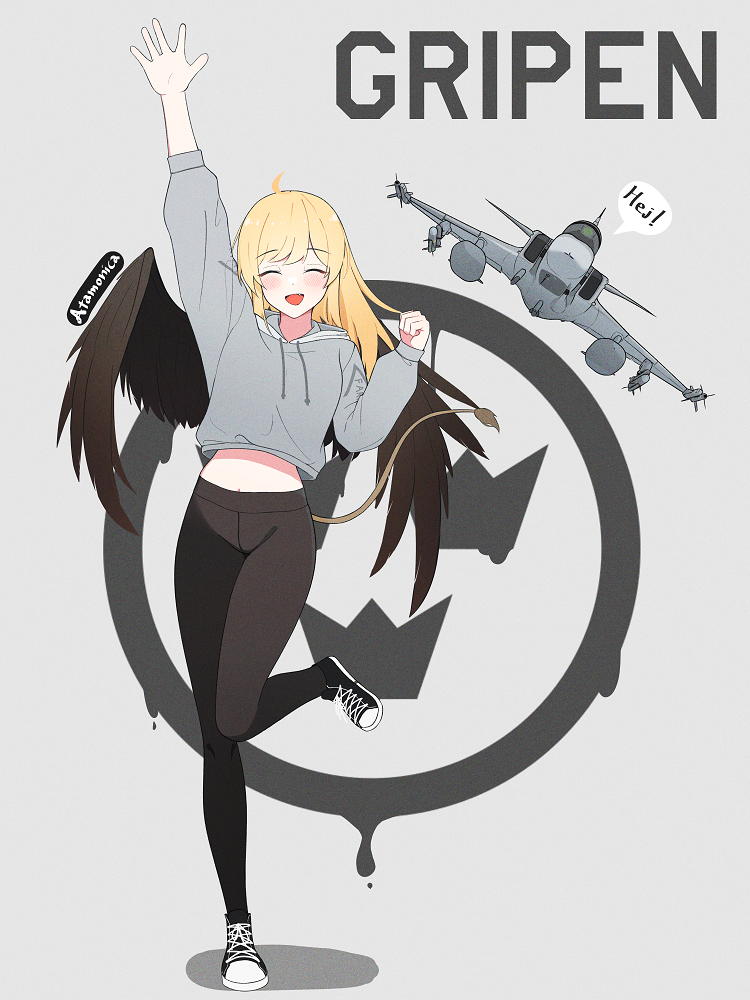1girl, :d, ahoge, aircraft, airplane, artist_name, atamonica, bangs, bird_wings, black_pants, blonde_hair, blush, closed_eyes, fighter_jet, hood, hoodie, jet, long_hair, midriff, midriff_peek, military, military_vehicle, original, pants, personification, saab_gripen, shoes, smile, speech_bubble, standing, standing_on_one_leg, swedish_text, tail, waving, wings