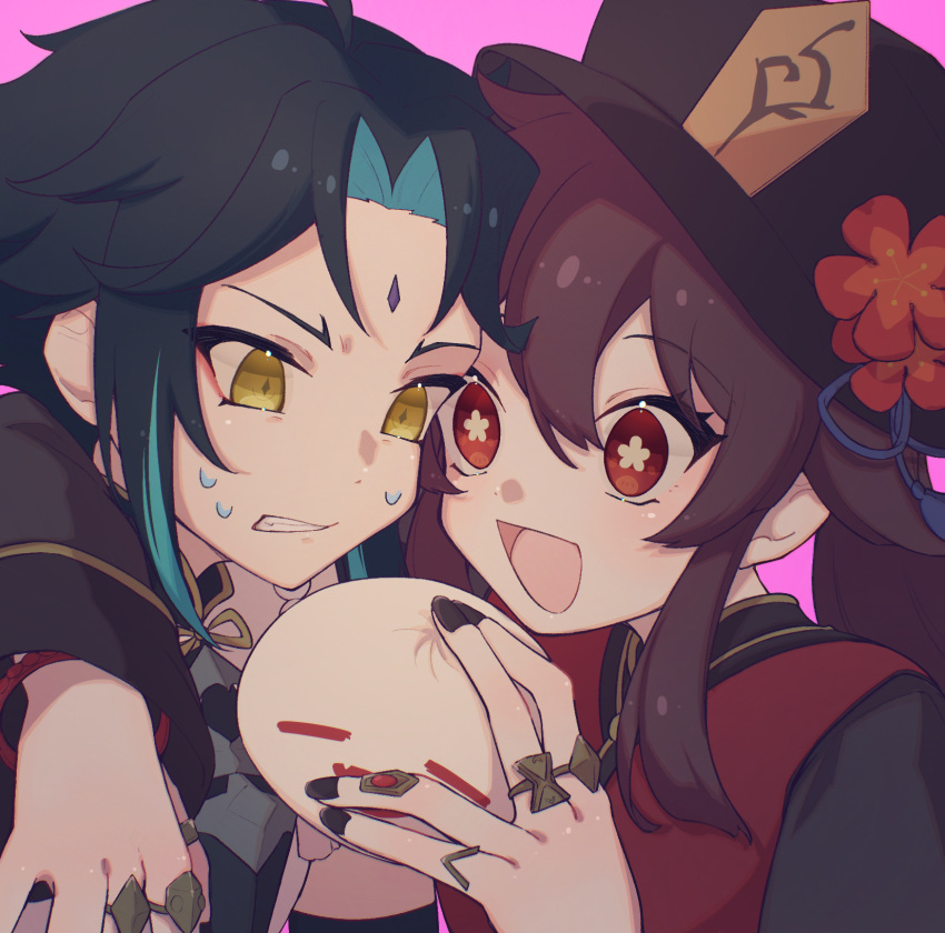 1boy, 1girl, :d, arm_around_neck, bangs, black_hair, black_headwear, black_nails