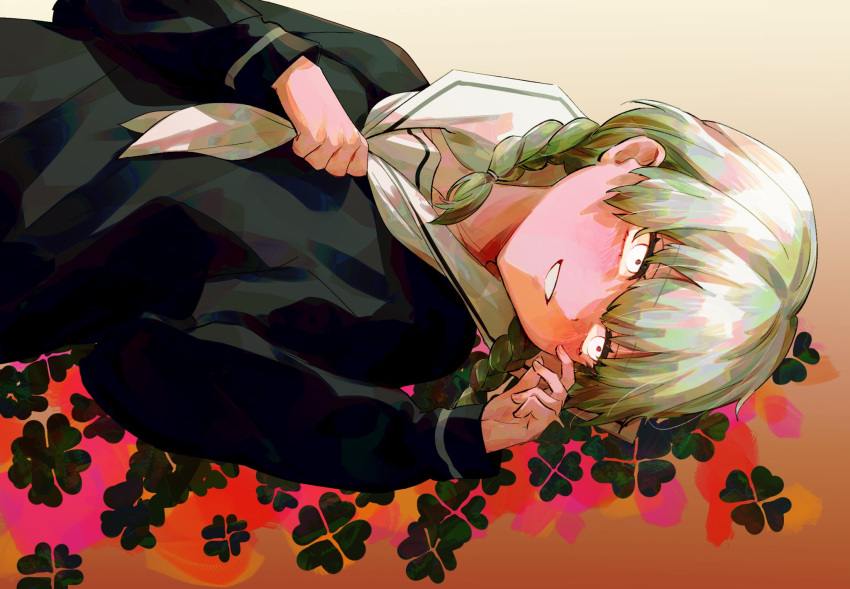 1girl, arm_up, bangs, black_serafuku, blue_hair, blush, braid, clover