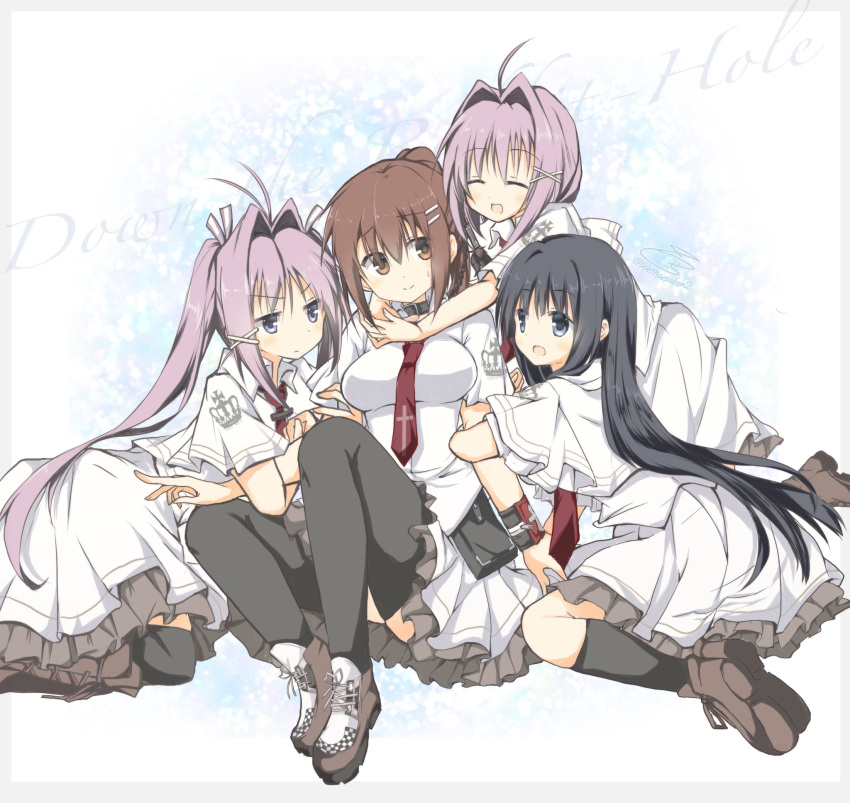 4girls, ahoge, antenna_hair, bangs, black_choker, black_hair, black_socks, black_thighhighs, breasts, brown_eyes, brown_footwear, brown_hair, capelet, choker, closed_eyes, closed_mouth, commentary_request, frilled_skirt, frills, frown, full_body, grey_eyes, hair_between_eyes, hair_intakes, hair_ornament, harem, head_tilt, highres, hug, hug_from_behind, jealous, knees_apart_feet_together, knees_up, large_breasts, loafers, locked_arms, long_hair, looking_at_another, looking_to_the_side, medium_hair, minakami_yuki, multiple_girls, necktie, open_mouth, ponytail, purple_hair, red_necktie, school_uniform, shoes, sidelocks, simple_background, sitting, skirt, smile, sneakers, socks, subarashiki_hibi, sweatdrop, takashima_zakuro, thigh-highs, twintails, usetsusakon2, v-shaped_eyebrows, very_long_hair, violet_eyes, wakatsuki_kagami, wakatsuki_tsukasa, wariza, white_background, white_capelet, white_skirt, x_hair_ornament, yuri, zettai_ryouiki