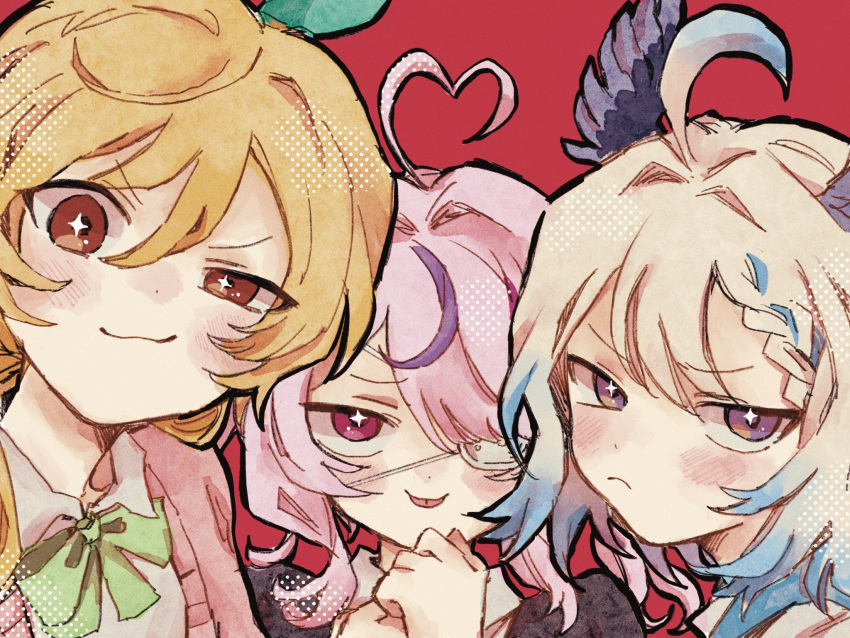 +_+, ahoge, bird_girl, blonde_hair, bow, enna_alouette, eyepatch, frown, gradient_hair, green_bow, hair_bow, head_wings, heart, heart_ahoge, highres, maria_marionette, mmm_toi0, multicolored_hair, nijisanji, nijisanji_en, pink_hair, pomu_rainpuff, purple_wings, smirk, tongue, tongue_out, violet_eyes, virtual_youtuber, wings, yellow_eyes