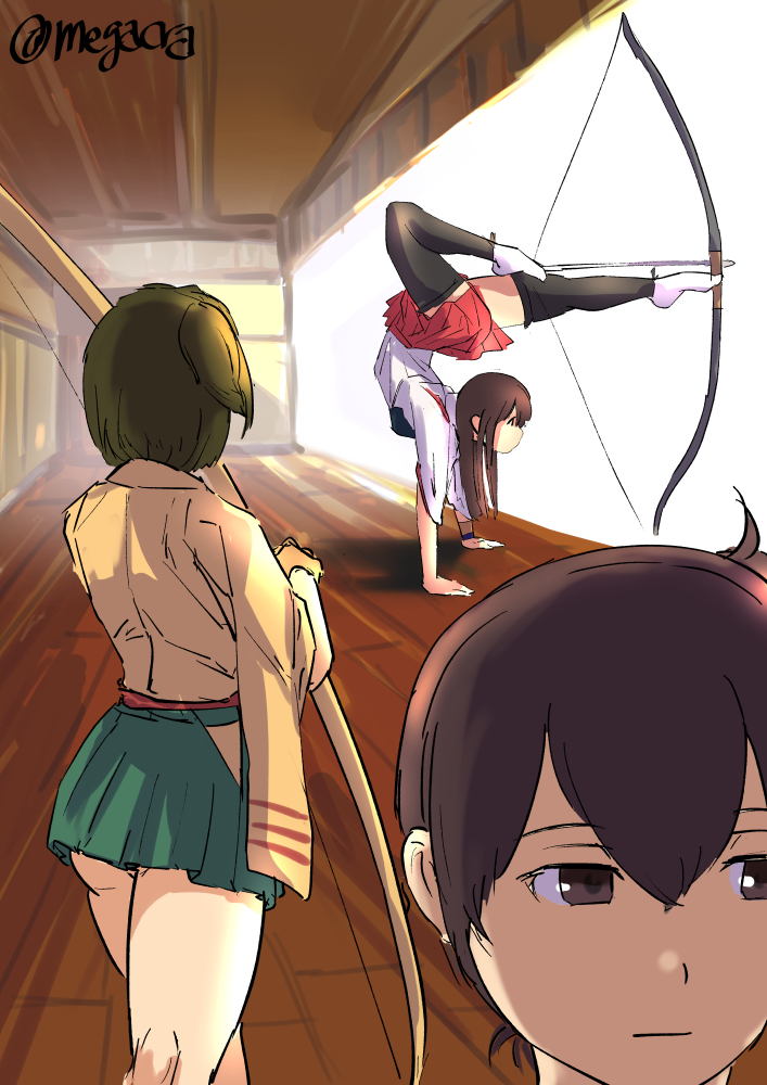 3girls, akagi_(kancolle), arrow_(projectile), bow_(weapon), brown_hair, hakama, hakama_skirt, handstand