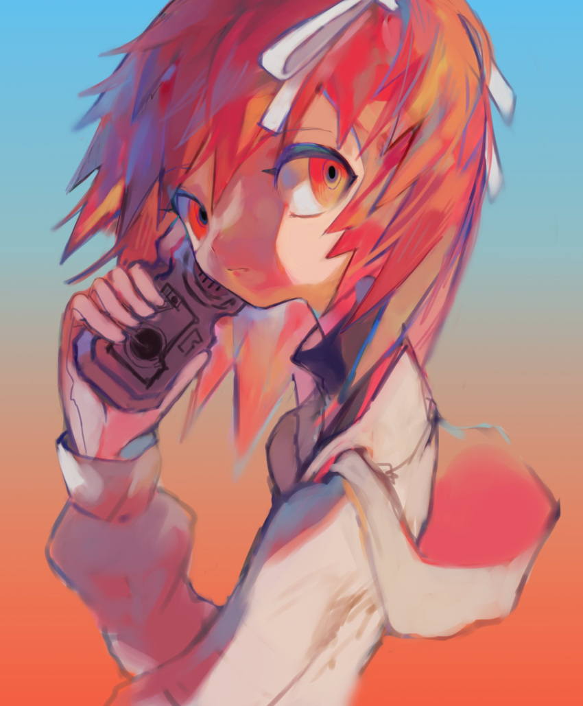 1girl, a.i._voice, absurdres, adachi_rei, bangs, black_shirt, blue_background, cassette_player, closed_mouth, empty_eyes, floating_hair, from_side, gloves, gradient_background, hair_ribbon, hand_up, highres, holding, hood, hood_down, hooded_jacket, jacket, looking_back, medium_hair, ndcrby, netsu_ijou_(utau), orange_background, orange_eyes, orange_hair, ribbon, ringed_eyes, shirt, side_ponytail, solo, turtleneck, upper_body, utau, white_gloves, white_jacket, white_ribbon