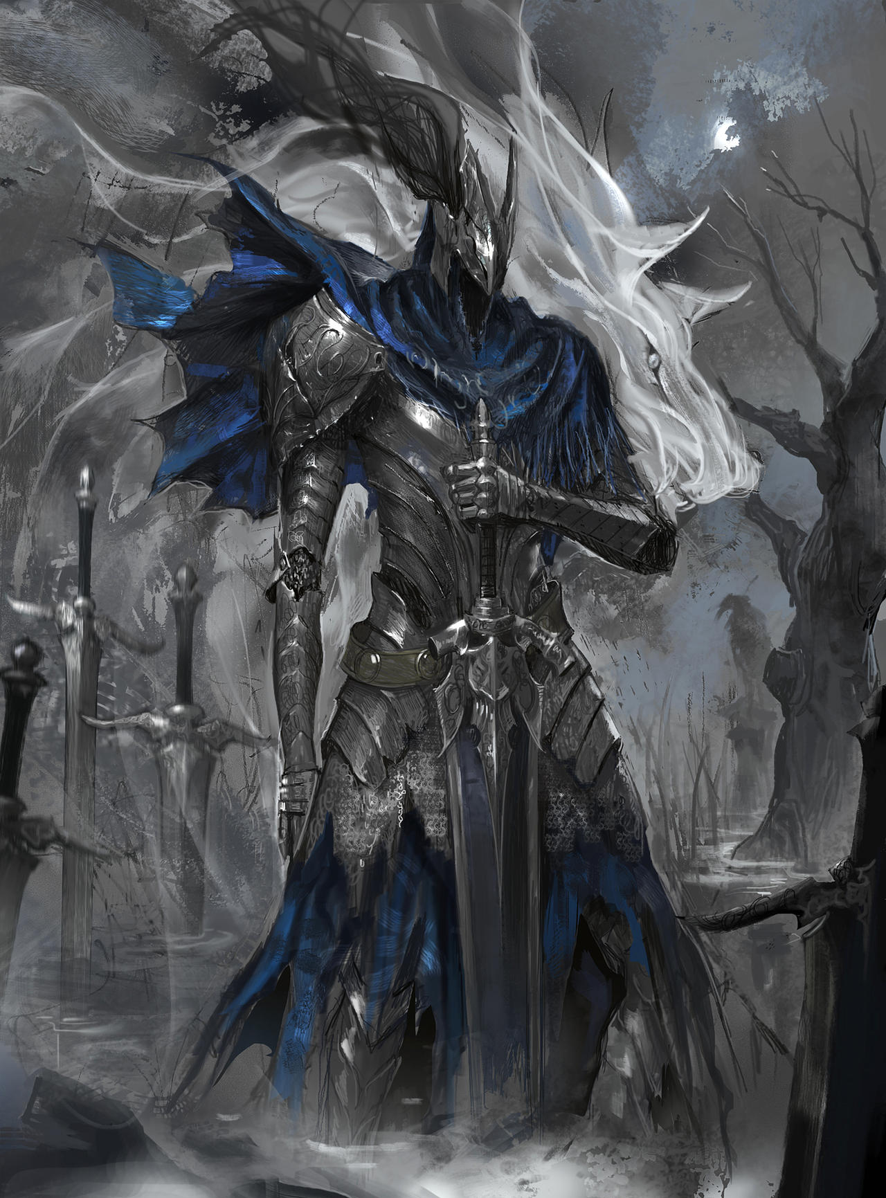 1boy, arm_up, armor, artorias_the_abysswalker, bare_tree, blue_cape, blue_trim, cape