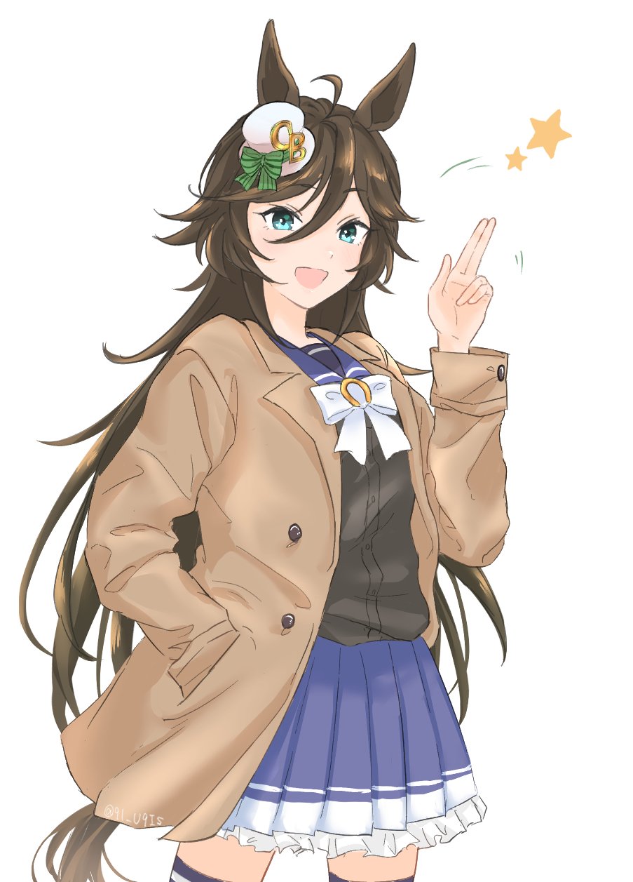 1girl, ahoge, animal_ears, black_vest, blue_skirt, bow, bowtie, brown_hair, brown_jacket, cowboy_shot, hair_between_eyes, hat, highres, horse_ears, jacket, long_hair, long_sleeves, mini_hat, mini_top_hat, motion_lines, mr._c.b._(umamusume), open_clothes, open_jacket, open_mouth, pleated_skirt, sailor_collar, salute, school_uniform, simple_background, skirt, smile, solo, star_(symbol), thigh-highs, top_hat, tracen_school_uniform, twitter_username, uguisu_(91_u9is), umamusume, vest, white_background