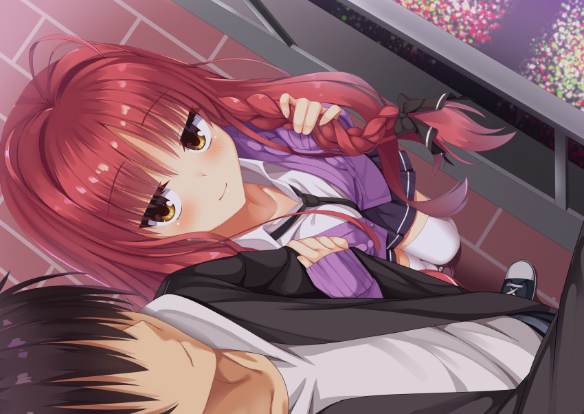 1boy, 1girl, 8kumagawa_(log), absurdres, ahoge, bangs, between_breasts, black_bow