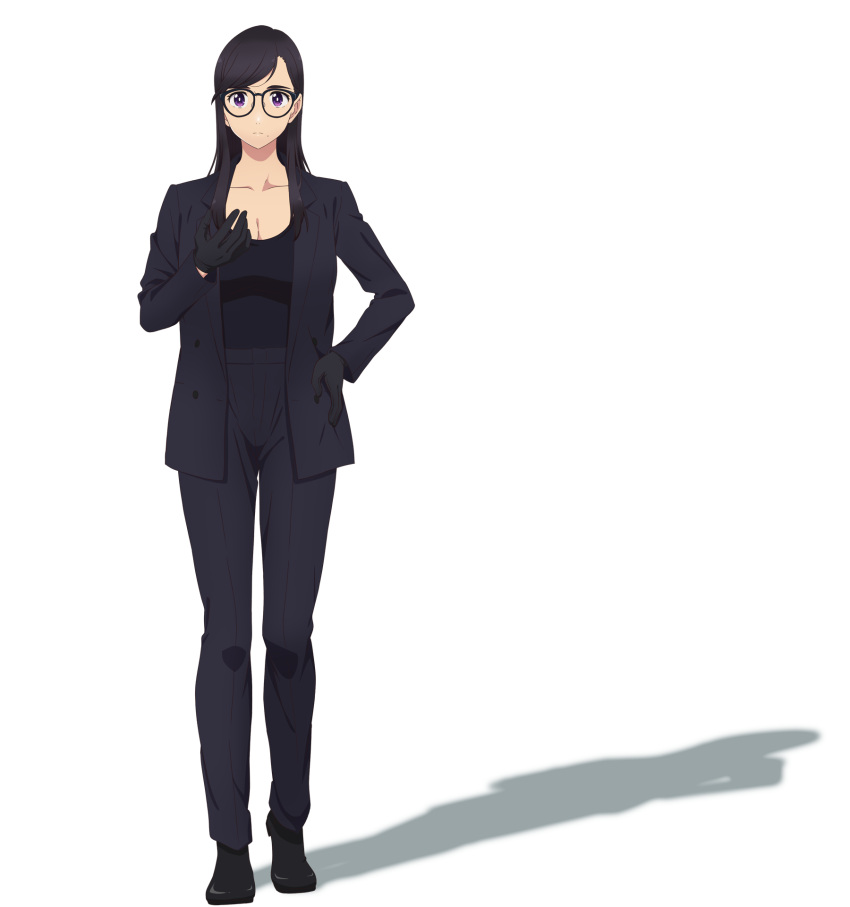 1girl, black_footwear, black_gloves, black_hair, black_jacket, black_pants, glasses, gloves