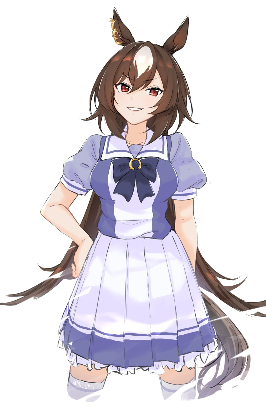 1girl, absurdres, animal_ears, arm_at_side, blue_shirt, bow, bowtie, breasts