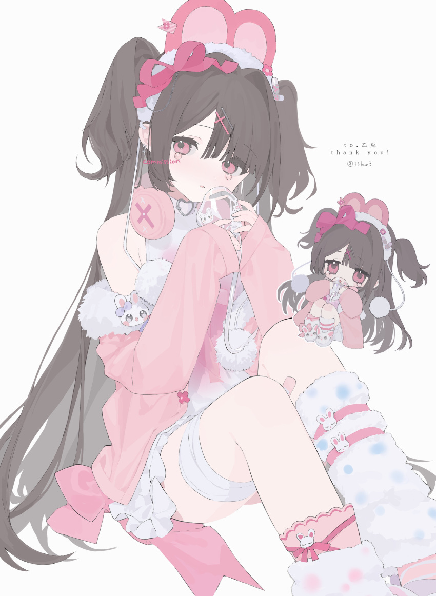 1girl, 33bun3, absurdres, animal_ears, bandaged_leg, bandages, bandaid, bandaid_on_leg, bangs, bow, brown_hair, chibi, chibi_inset, choker, commission, dress, fake_animal_ears, fur-trimmed_jacket, fur_trim, hair_intakes, hair_ornament, hairclip, headphones, heart_o-ring, heart_ring_choker, highres, jacket, leg_warmers, long_hair, long_sleeves, looking_at_viewer, off_shoulder, original, oxygen_mask, pink_bow, pink_eyes, pink_jacket, pom_pom_(clothes), rabbit_ears, single_leg_warmer, sitting, skeb_commission, solo, tears, two_side_up, very_long_hair, white_background, white_choker, white_dress, white_leg_warmers