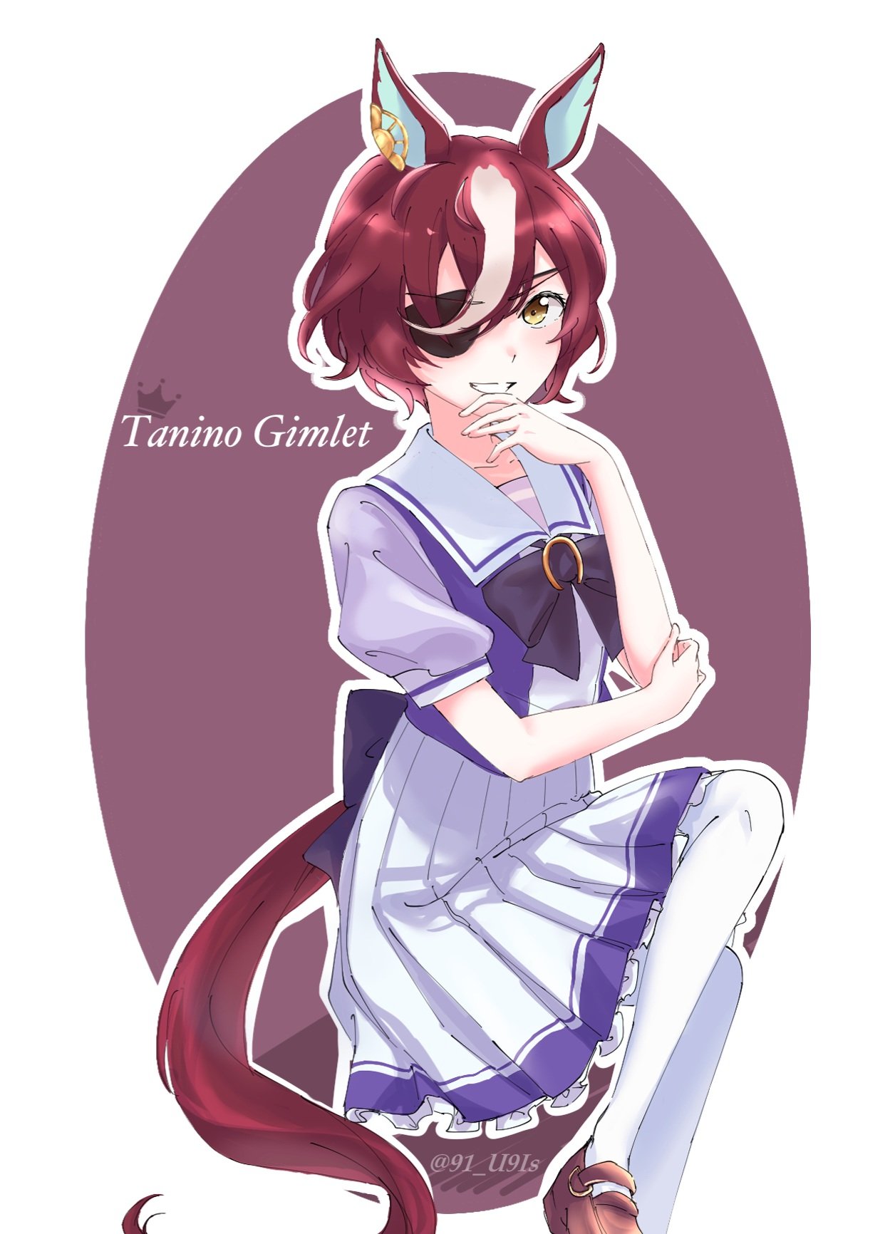 1girl, animal_ears, bow, bowtie, brown_footwear, brown_hair, character_name, crossed_legs
