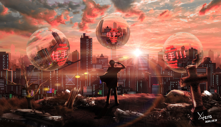 1boy, artist_name, building, clouds, cloudy_sky, cross, dated, di_qiu_wang_shi, gun, highres, holding, holding_gun, holding_weapon, lens_flare, luo_ji, outdoors, reflection, science_fiction, sign, sky, solo, spoilers, standing, twilight, weapon, wide_shot, xzra