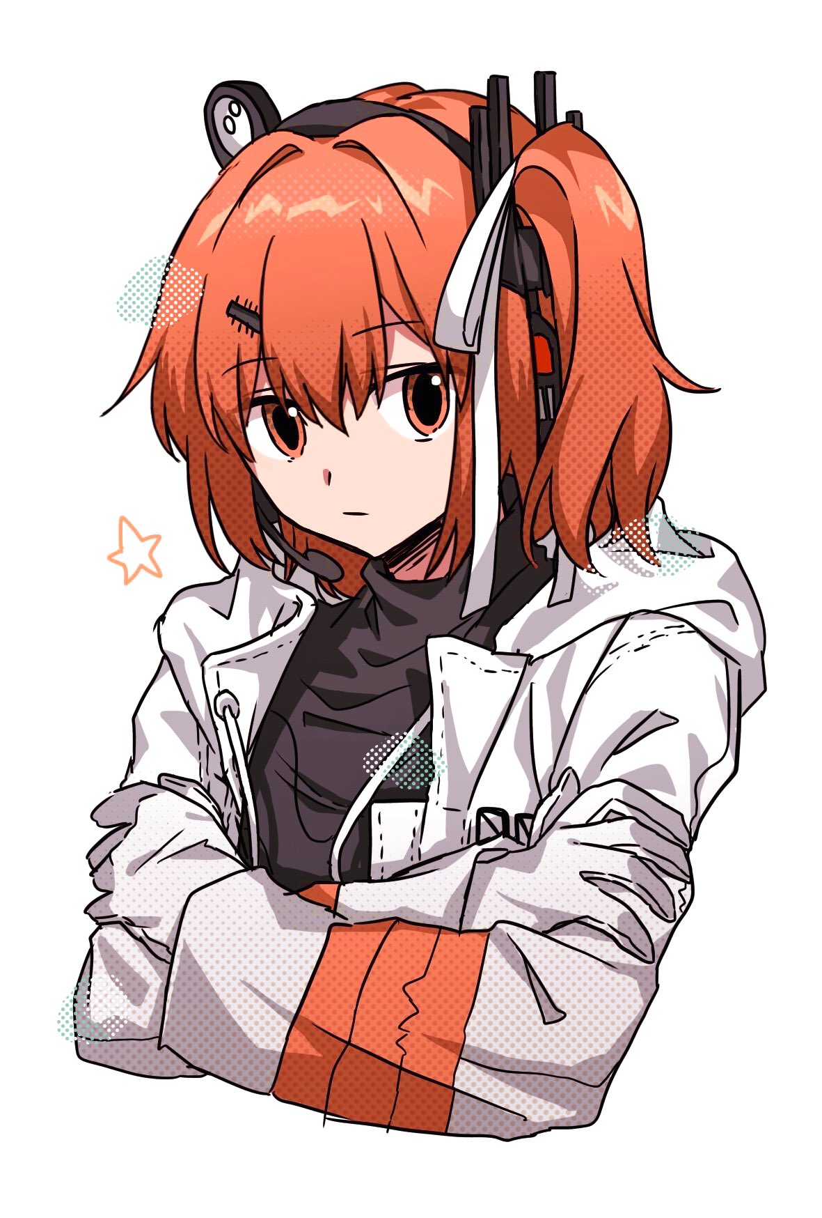 1girl, a.i._voice, adachi_rei, bangs, black_shirt, cropped_torso, crossed_arms, expressionless
