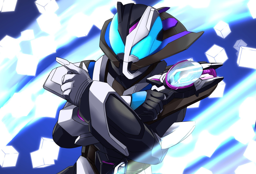 1boy, animal_ears, armor, asymmetrical_armor, asymmetrical_gloves, black_armor, blue_eyes, compound_eyes