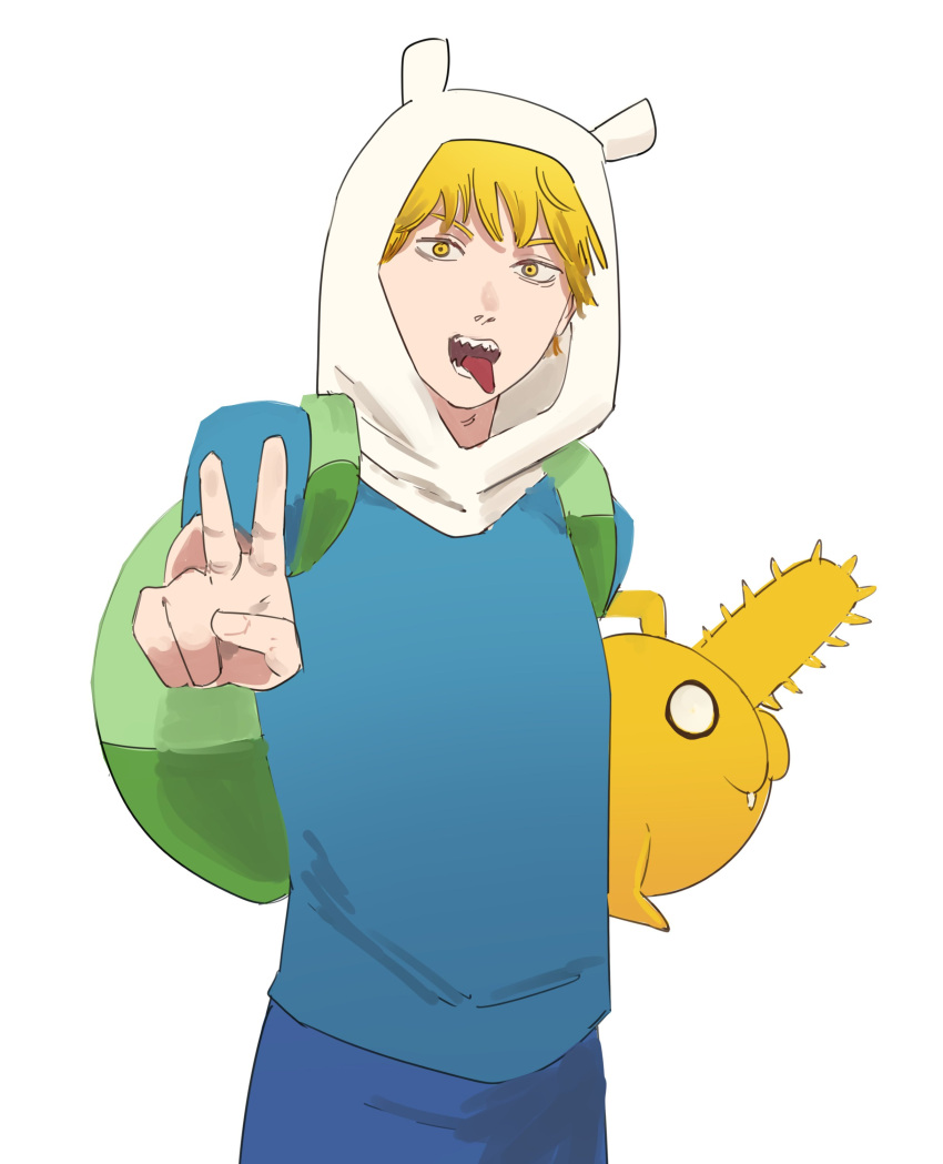 absurdres, adventure_time, backpack, bag, blonde_hair, blue_shirt, chainsaw_man, cosplay, denji_(chainsaw_man), finn_the_human, finn_the_human_(cosplay), green_bag, highres, jake_the_dog, open_mouth, pochita_(chainsaw_man), pochita_(chainsaw_man)_(cosplay), sharp_teeth, shirt, simple_background, teeth, tongue, tongue_out, v, white_background, xyanaid, yellow_eyes