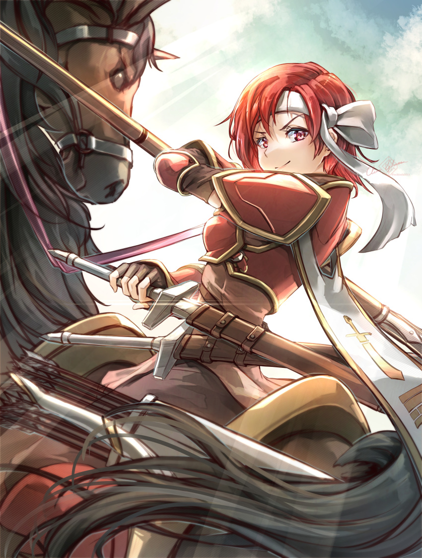 1girl, absurdres, armor, black_gloves, cecil_(fire_emblem), clear_glass_(mildmild1311), fingerless_gloves, fire_emblem, fire_emblem:_mystery_of_the_emblem, gloves, headband, highres, holding, holding_polearm, holding_reins, holding_sword, holding_weapon, horse, horseback_riding, looking_at_viewer, polearm, red_eyes, redhead, reins, riding, saddle, sheath, sheathed, smile, solo, sword, unsheathing, weapon