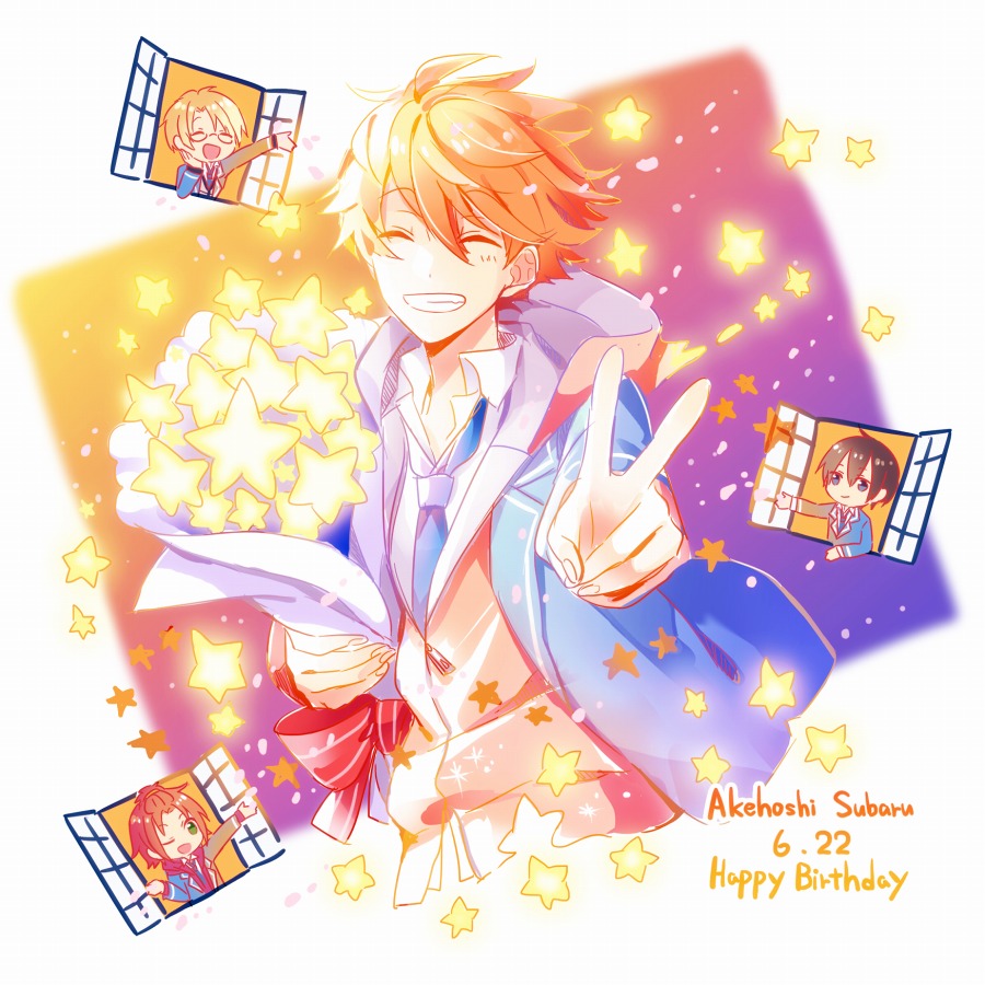 4boys, :d, ;d, ^_^, ahoge, akehoshi_subaru, bangs, black_eyes