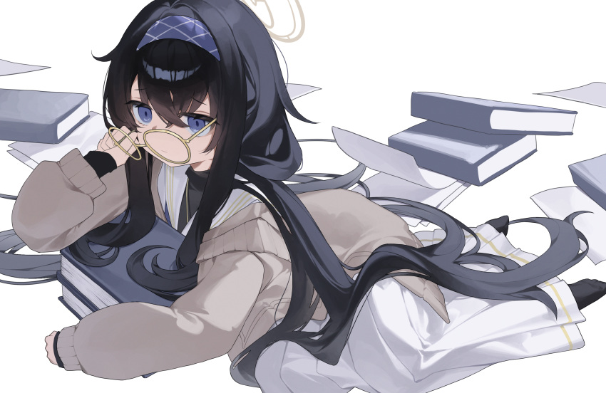 1girl, bangs, black_hair, black_pantyhose, blue_archive, blue_eyes, blue_hairband, book