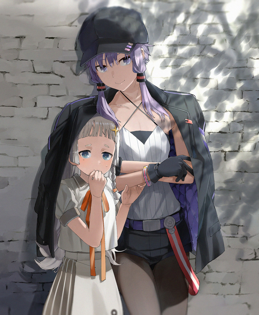 a.i._voice, against_wall, bangs, baseball_cap, belt_chain, black_gloves, black_headwear, black_jacket, black_pantyhose, black_shorts, blue_eyes, blunt_bangs, bracelet, braid, brick_wall, collarbone, collared_dress, commentary, covered_mouth, criss-cross_halter, crossed_arms, crow_(crow_crowd24), crying, crying_with_eyes_open, dappled_sunlight, day, dress, female_child, gloves, hair_ornament, halterneck, hand_to_own_mouth, hat, highres, holding_another's_arm, jacket, jacket_on_shoulders, jewelry, kizuna_akari, kizuna_akari_(tsubomi), leaning_to_the_side, light_purple_hair, long_hair, looking_at_viewer, multicolored_clothes, multicolored_jacket, neck_ribbon, outdoors, pantyhose, pantyhose_under_shorts, puffy_short_sleeves, puffy_sleeves, purple_belt, purple_jacket, quilted_clothes, ribbon, shade, shared_clothes, shared_jacket, shirt, short_eyebrows, short_sleeves, shorts, side_braid, sideways_glance, smile, standing, star_(symbol), star_hair_ornament, striped, striped_shirt, sunlight, tears, two-tone_jacket, vertical-striped_shirt, vertical_stripes, violet_eyes, voiceroid, white_dress, white_hair, white_shirt, yuzuki_yukari, yuzuki_yukari_(nagi)