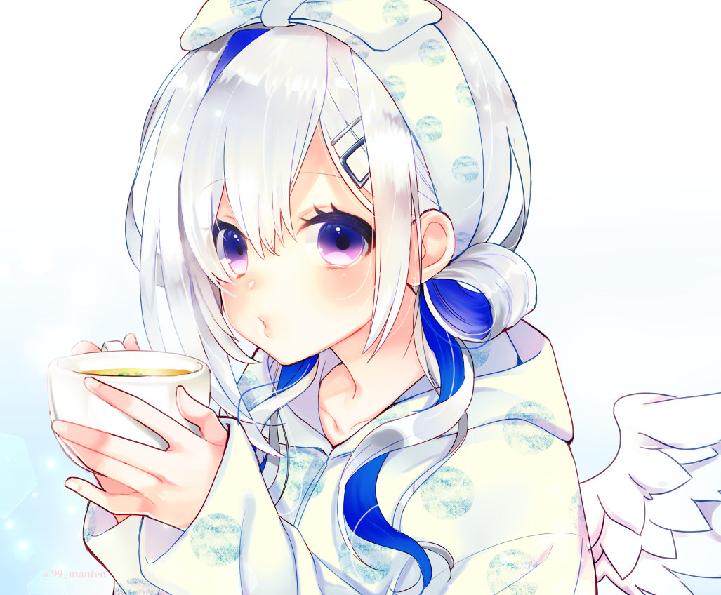 1girl, amane_kanata, bangs, blowing, blue_hair, blush, colored_inner_hair, cup