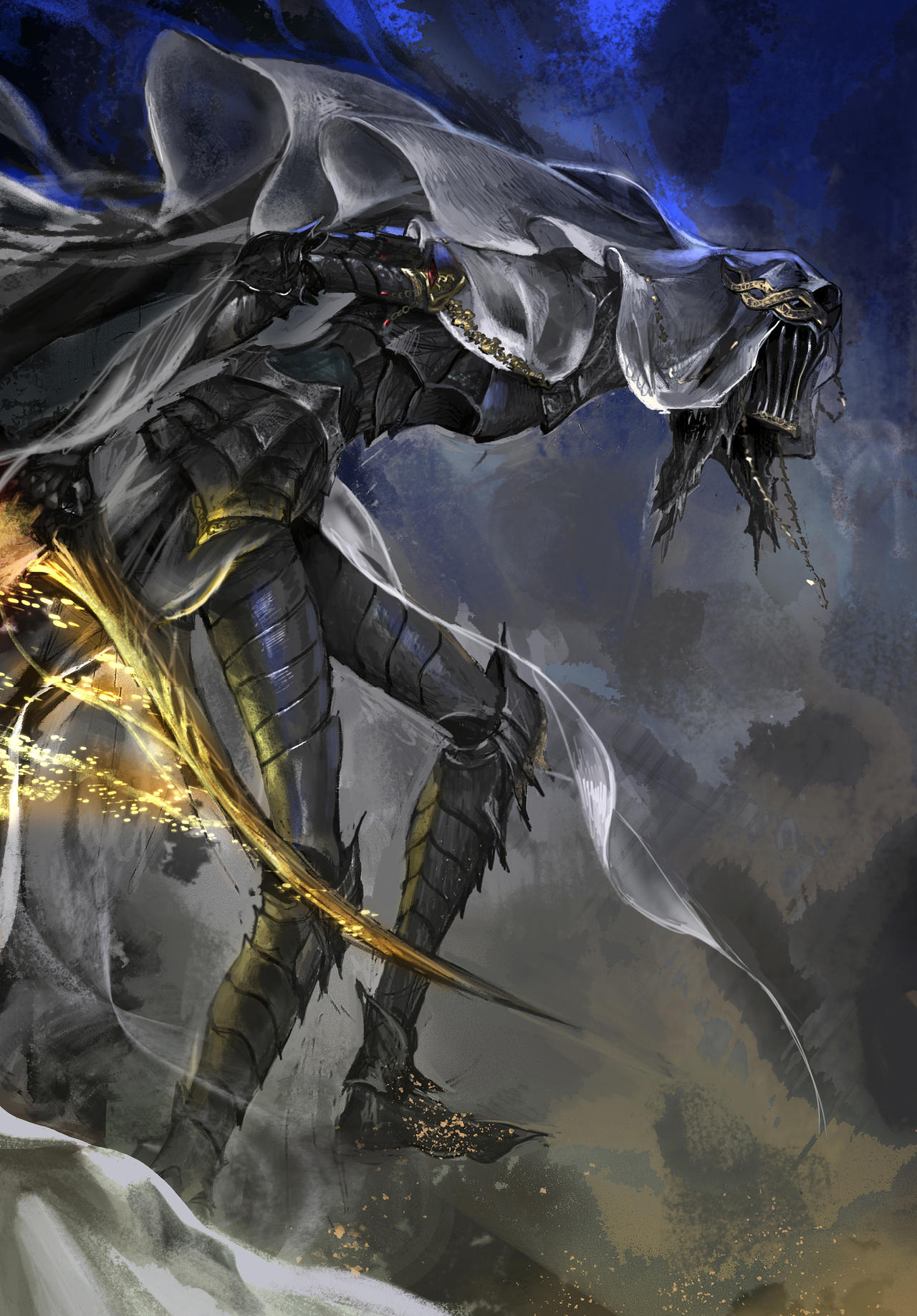 1girl, armor, bent_over, black_armor, blade, crown, dancer_of_the_boreal_valley, dark_souls_(series)