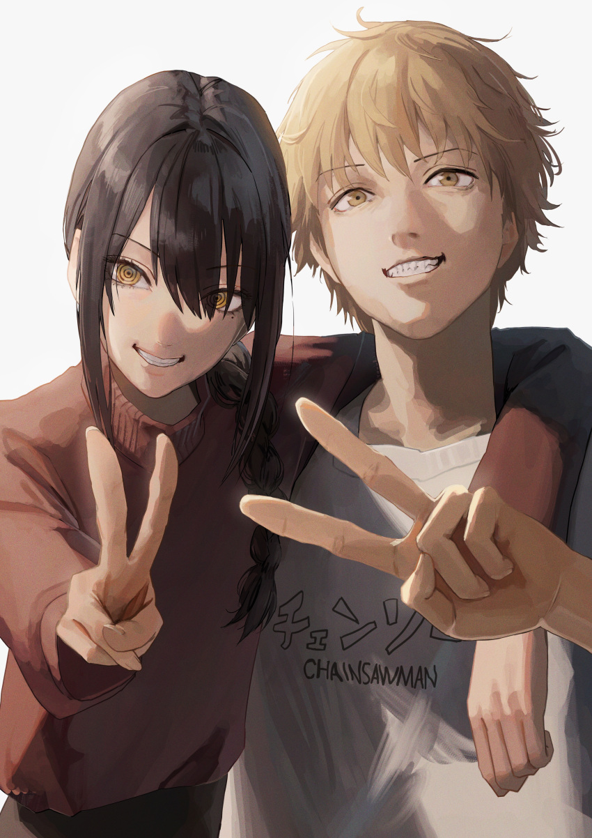 1boy, 1girl, absurdres, ao_desu2222, arm_armor, bangs, black_hair, blonde_hair