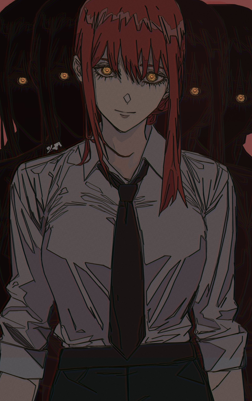 1girl, absurdres, bangs, black_necktie, black_pants, braid, braided_ponytail, brown_background