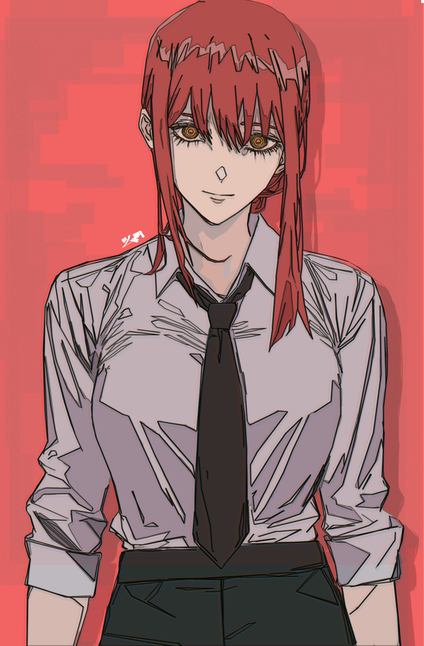1girl, absurdres, bangs, black_necktie, black_pants, braid, braided_ponytail, chainsaw_man
