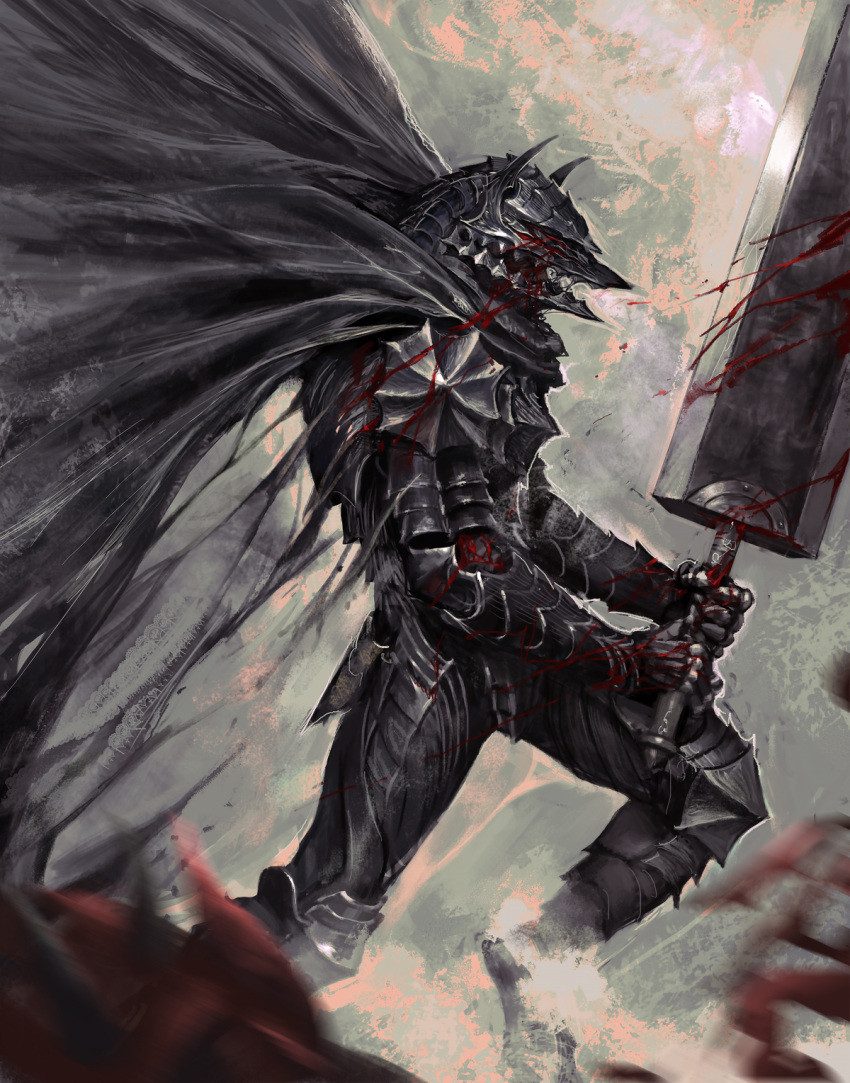 1boy, armor, berserk, berserker_armor, bfs, black_armor, black_cape, blood
