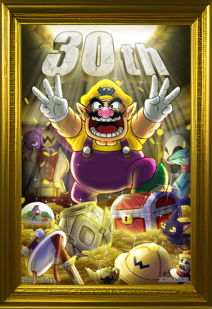 1boy, :3, :d, absurdres, arms_up, artist_name, black_eyes, black_jewel, brown_hair, buttons, cat, cleft_chin, coin, commentary_request, copyright_request, crack, dagger, dated, facial_hair, framed, full_body, gloves, green_footwear, hat, hat_removed, headwear_removed, helmet, helmet_removed, highres, hole, indoors, knife, kononis, light_rays, looking_at_viewer, male_focus, mustache, oil_lamp, open_mouth, overalls, pants, pointy_ears, princess_shokora, purple_overalls, purple_pants, sack, shirt, shoes, short_hair, short_sleeves, smile, sparkle, standing, teeth, throne, tongue, treasure_chest, twitter_username, v-shaped_eyebrows, wario, wario_land, wario_land_4, wario_world, warioware, weapon, white_gloves, yellow_headwear, yellow_shirt