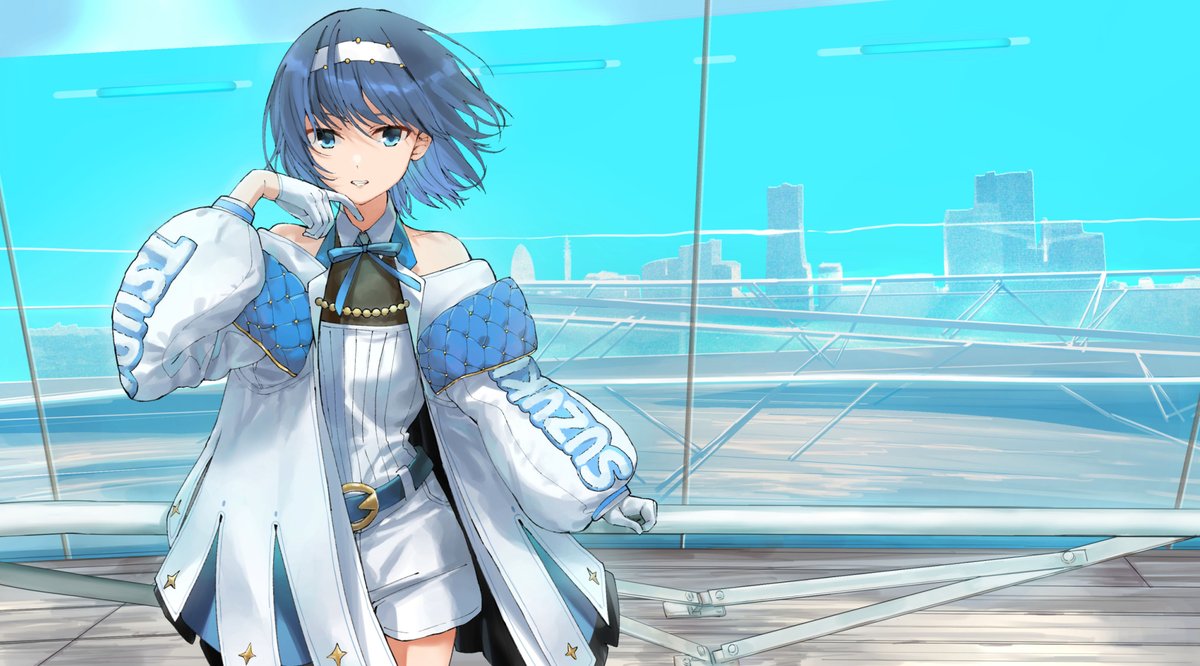 1girl, bangs, bare_shoulders, belt, blue_belt, blue_eyes, blue_hair, blue_jacket