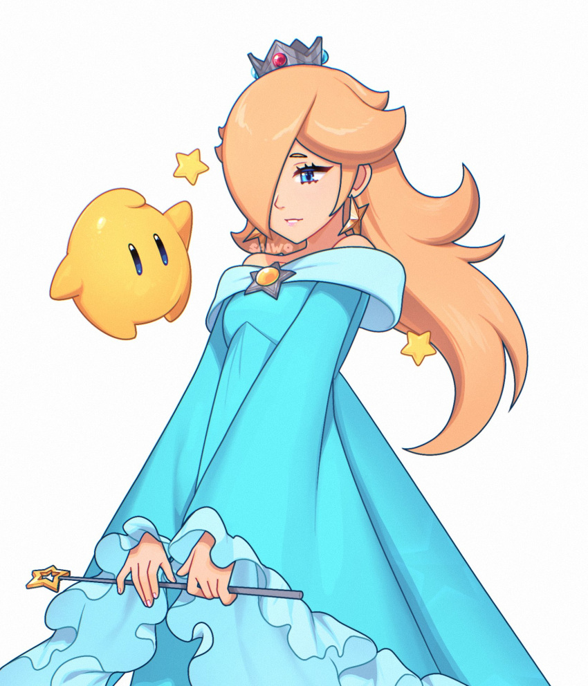 1girl, blonde_hair, blue_dress, blue_eyes, crown, dress, earrings, hair_over_one_eye