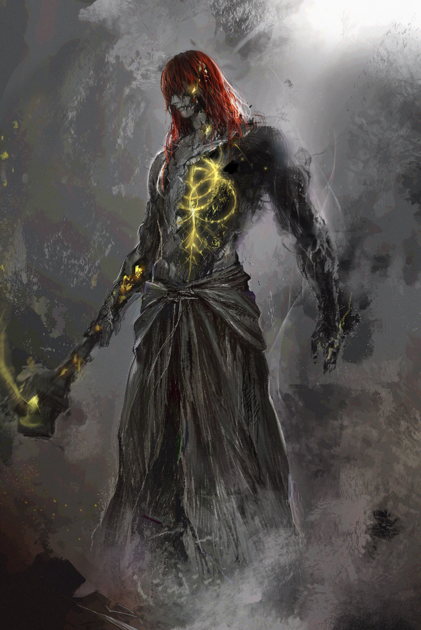 1boy, broken, cracked_skin, decay, elden_ring, elden_ring_(object), fantasy, gold_aura
