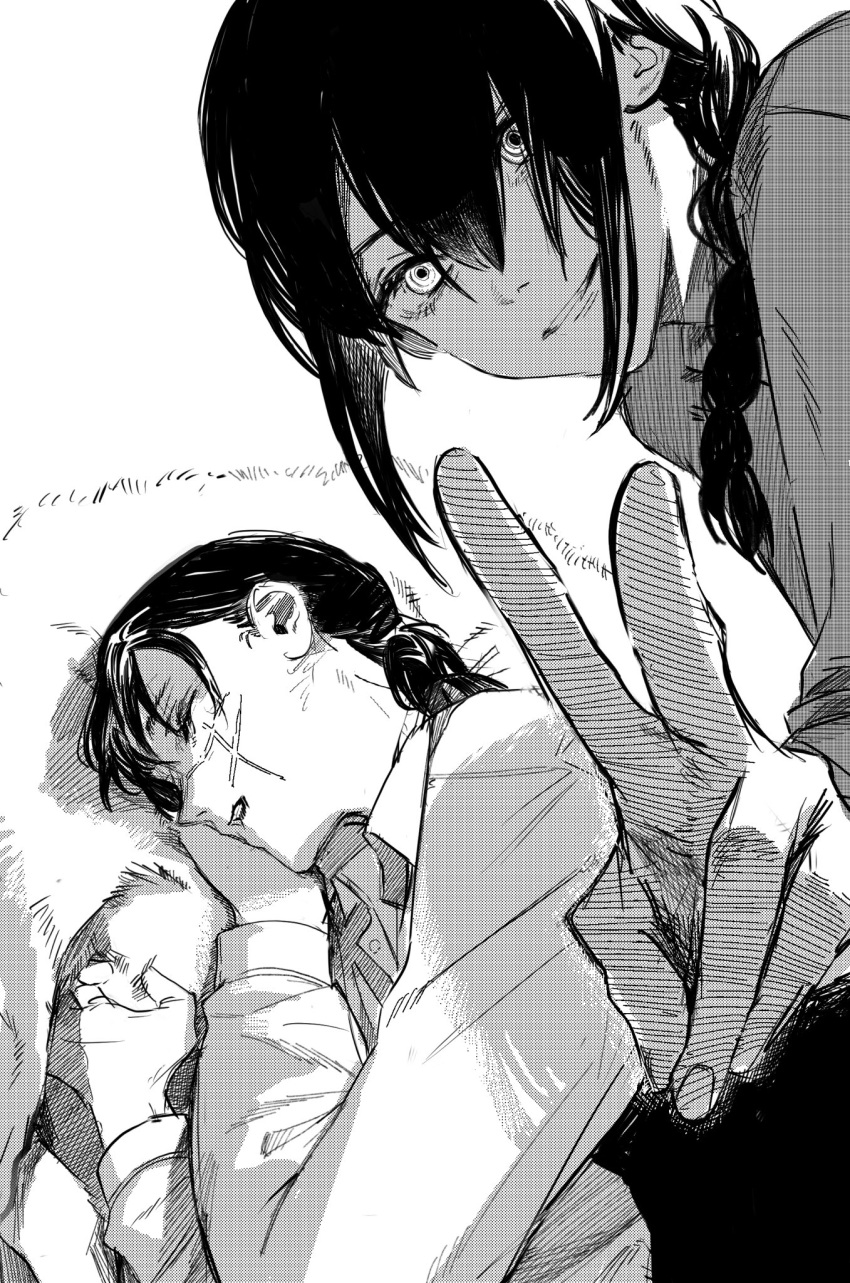 2girls, bangs, black_hair, braid, braided_ponytail, chainsaw_man, closed_eyes, cross_scar