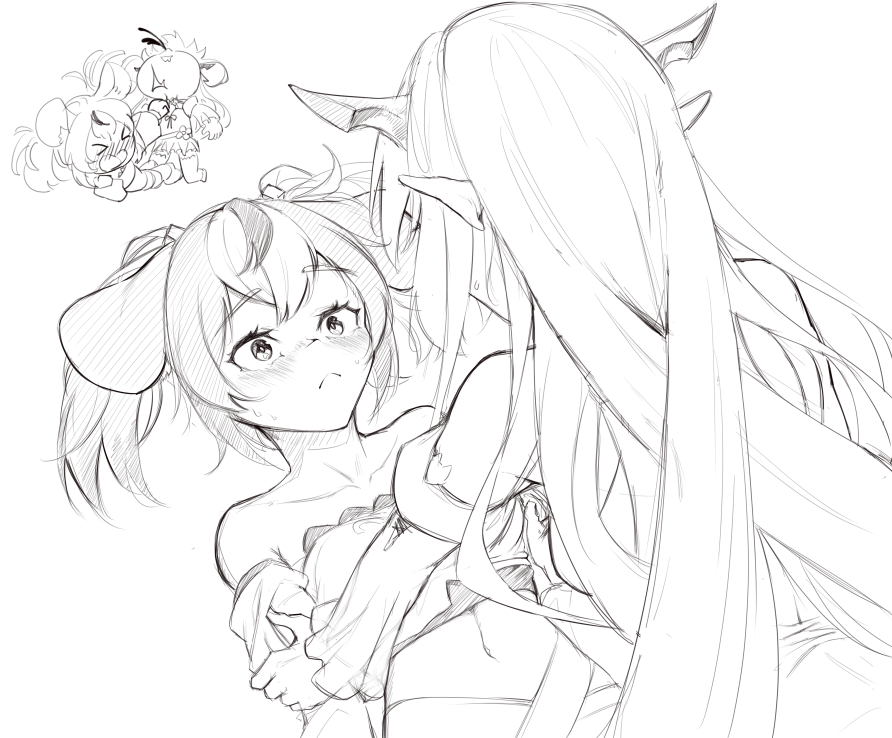 2girls, animal_ears, bangs, blood, blush, hakos_baelz, hololive, hololive_english, horns, irys_(hololive), kaos_(998), long_hair, monochrome, mouse_ears, multiple_girls, nosebleed, pinned, pointy_ears, sketch, very_long_hair, virtual_youtuber