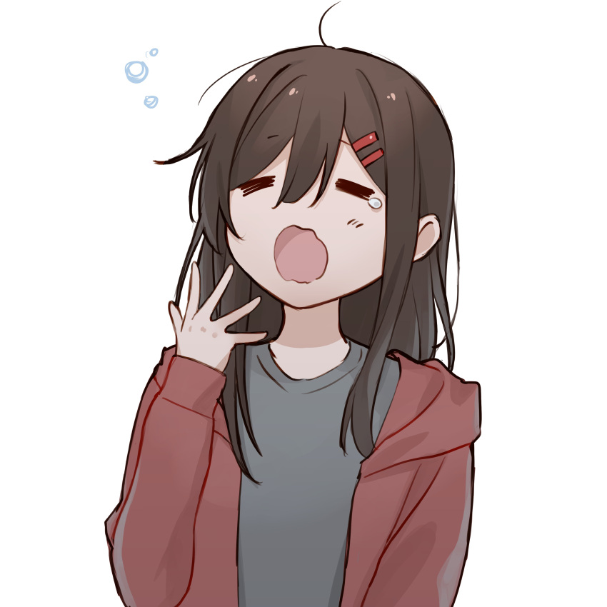1girl, =_=, absurdres, ahoge, arm_at_side, b_(bgoldmole), bangs, brown_hair