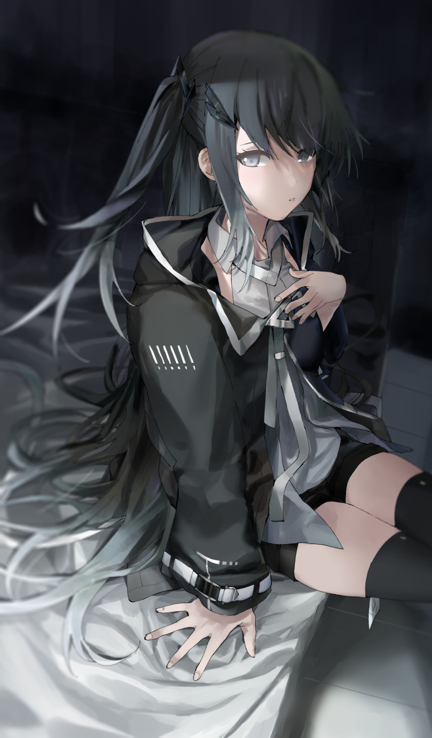 1girl, arm_support, bangs, black_hair, black_jacket, black_shorts, black_thighhighs, blurry