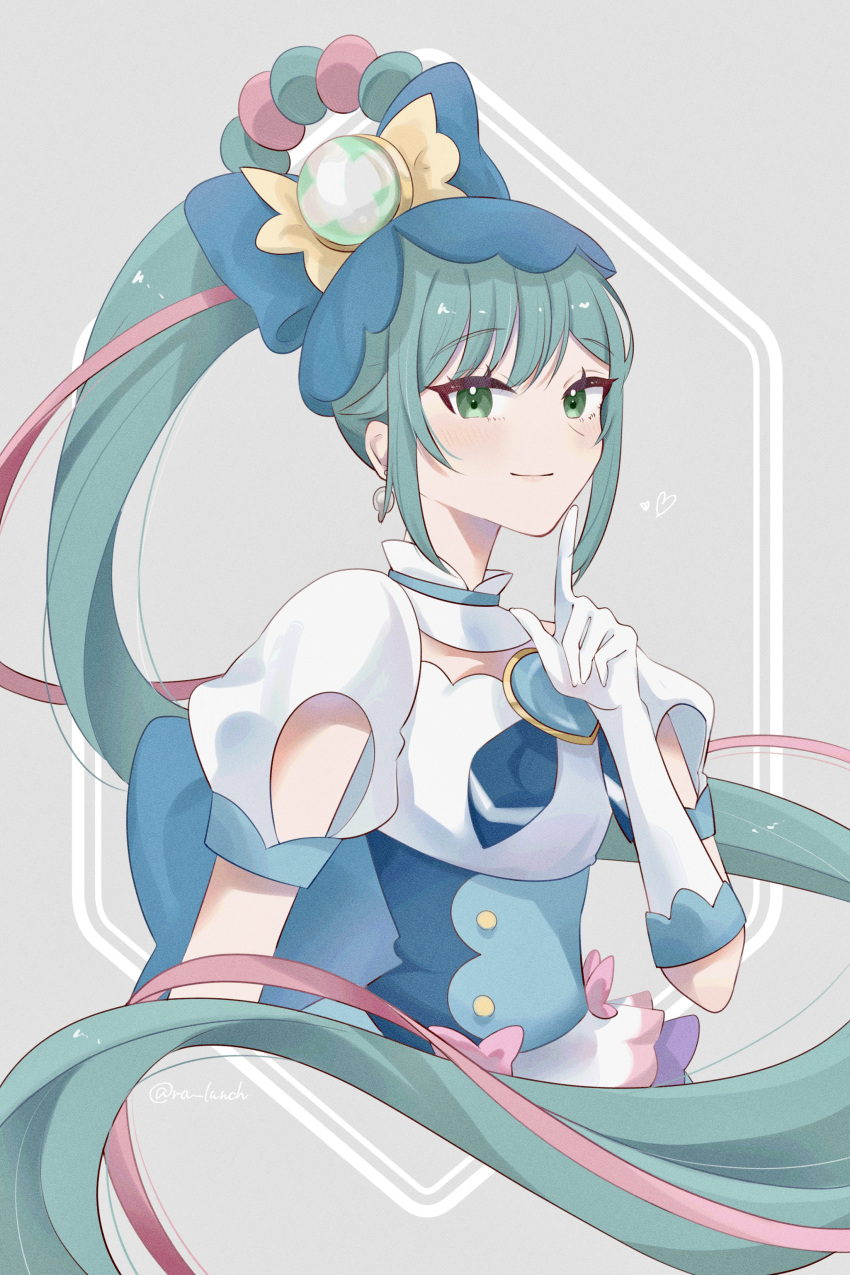 1girl, absurdres, apron, blue_eyes, blue_hair, brooch, corset, cure_spicy, delicious_party_precure, dress, elbow_gloves, fuwa_kokone, gloves, grey_background, heart_brooch, highres, jewelry, long_hair, looking_at_viewer, precure, ra_lunch, short_sleeves, single_hair_ring, solo, white_dress
