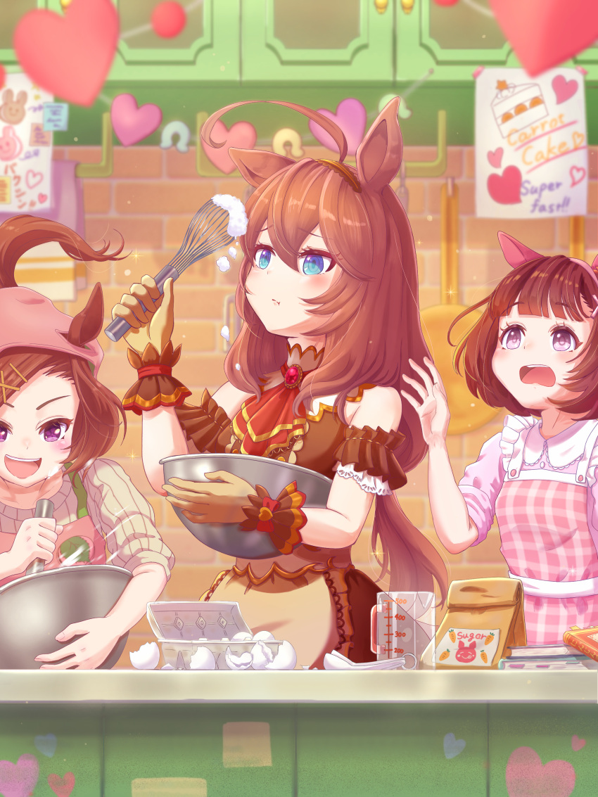 3girls, :t, absurdres, ahoge, animal_ears, apron, ascot, bag