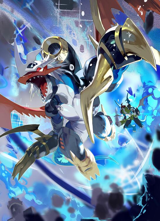armor, belt, blue_fire, cannon, claws, digimon, digimon_(creature), e_volution