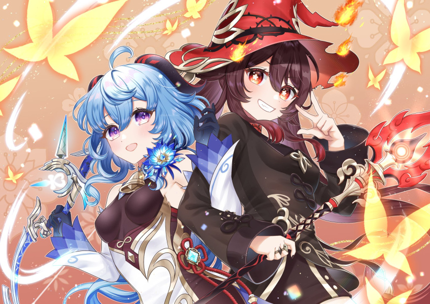 2girls, ahoge, amos'_bow_(genshin_impact), artifact_(genshin_impact), bangs, bare_shoulders, bell, black_gloves