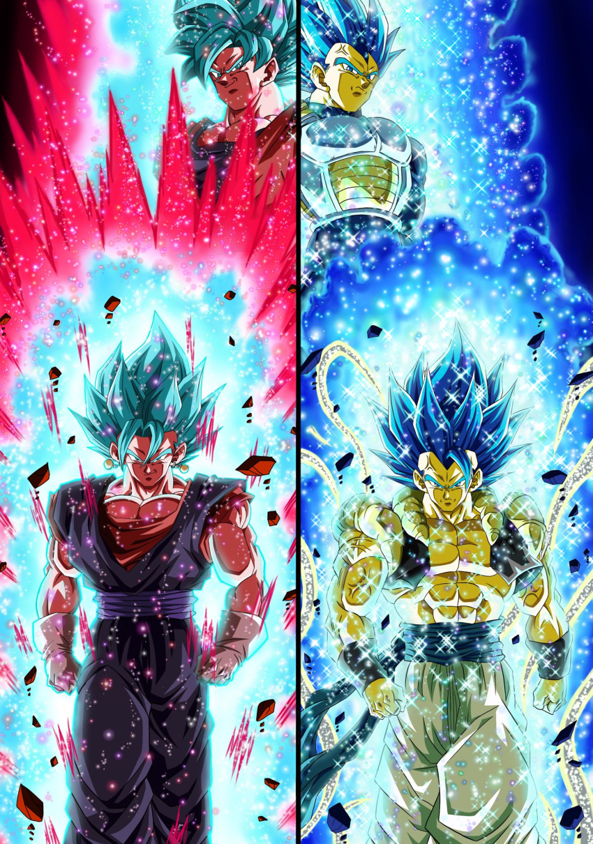 4boys, abs, anger_vein, armor, aura, blue_eyes, blue_hair, commentary_request