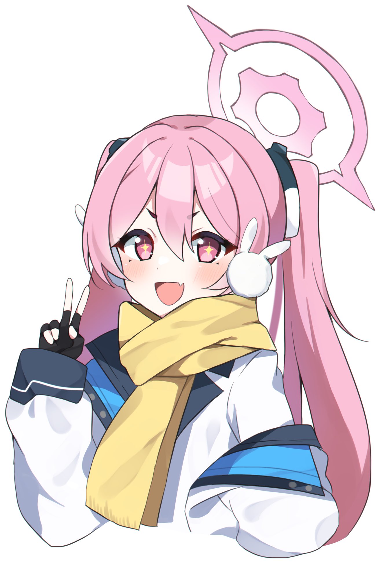 +_+, 1girl, black_gloves, blue_archive, fang, fingerless_gloves, gloves, hair_between_eyes