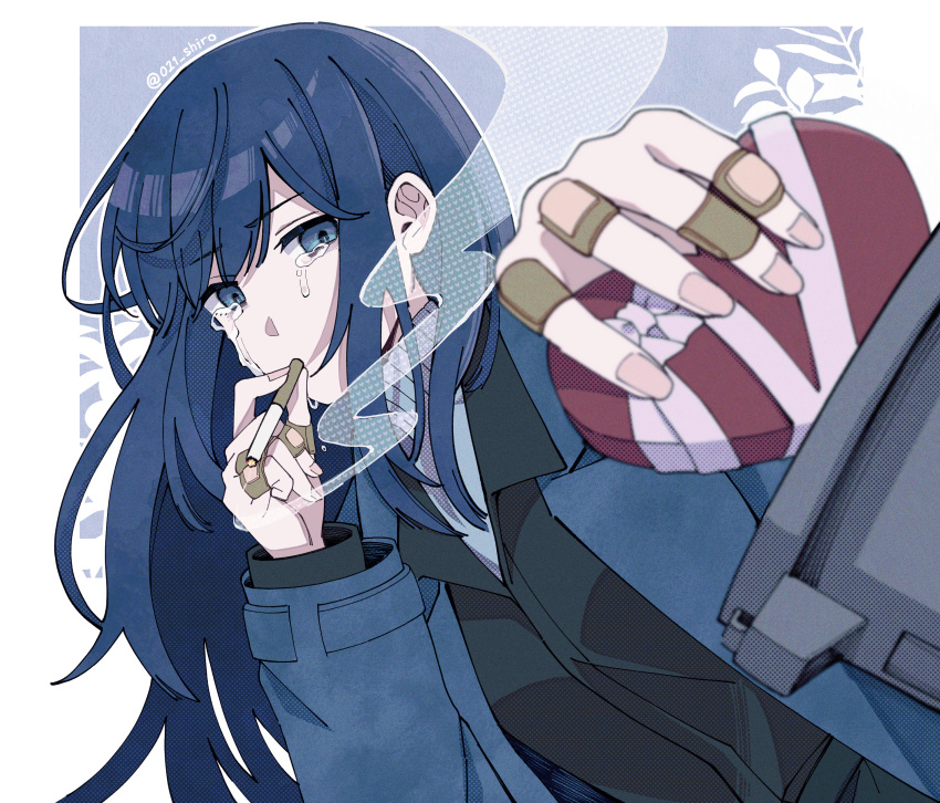 021_shiro, 1girl, absurdres, bandaid, bandaid_on_hand, blue_eyes, blue_hair, blue_jacket