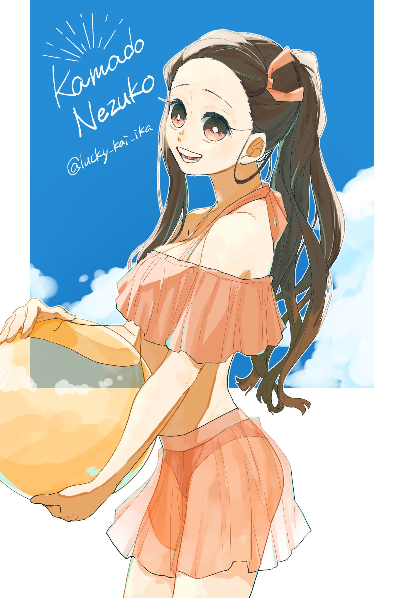 1girl, ball, bikini, black_hair, blue_sky, clouds, cloudy_sky, copyright_name