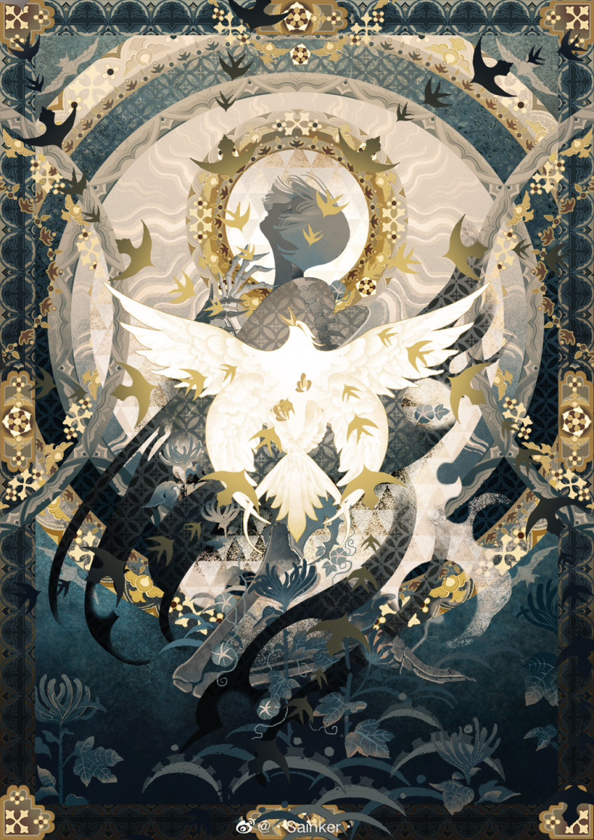 ambiguous_gender, androgynous, bird, dark_skin, highres, original, sainker, short_hair