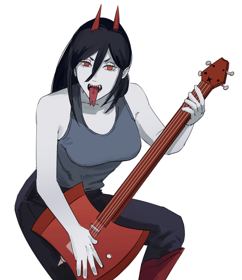 1girl, absurdres, adventure_time, axe_guitar, black_hair, boots, chainsaw_man, cosplay, cross-shaped_pupils, forked_tongue, grey_tank_top, guitar, hair_between_eyes, highres, horns, instrument, long_hair, looking_at_viewer, marceline_abadeer, marceline_abadeer_(cosplay), open_mouth, pale_skin, power_(chainsaw_man), red_eyes, red_footwear, red_horns, sharp_teeth, simple_background, solo, symbol-shaped_pupils, tank_top, teeth, tongue, tongue_out, white_background, xyanaid