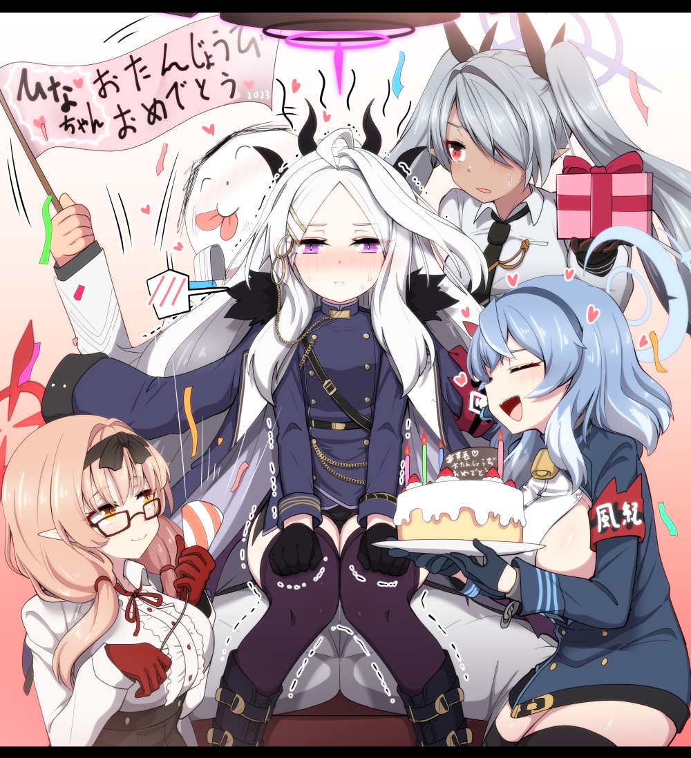 1boy, 4girls, :p, ^_^, ^o^, ahoge, ako_(blue_archive), armband