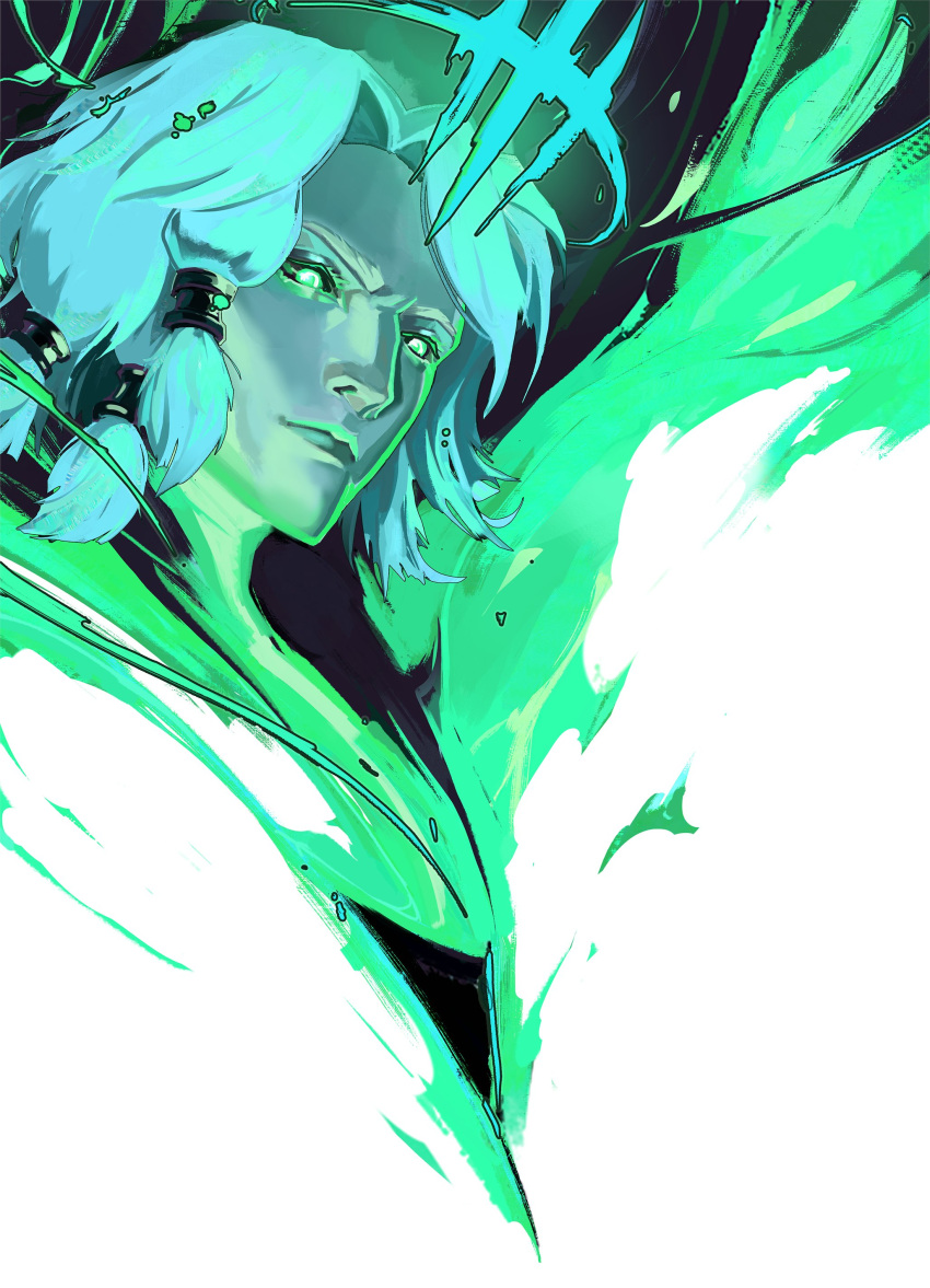 1boy, absurdres, bangs, black_background, closed_mouth, crown, fire, glowing, glowing_eyes, green_background, green_eyes, green_fire, grey_hair, highres, league_of_legends, male_focus, parted_bangs, short_hair, skizoh, solo, upper_body, viego_(league_of_legends), white_background