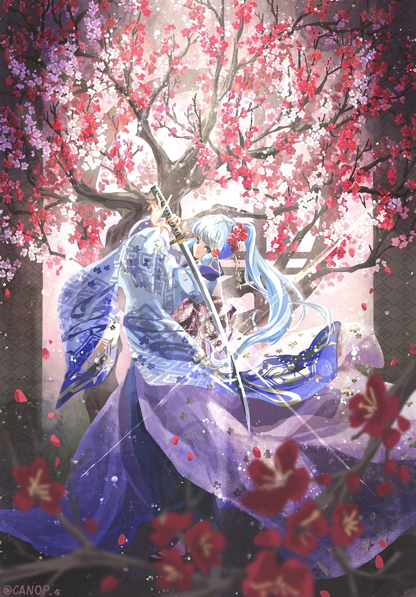 absurdres, alternate_costume, arms_up, blue_eyes, blue_hair, blue_kimono, blurry, branch