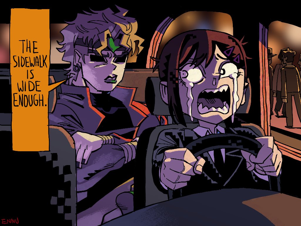 1boy, 1girl, artist_name, black_jacket, black_necktie, blonde_hair, brown_hair, cape, car_interior, chainsaw_man, collared_shirt, crossed_arms, crying, crying_with_eyes_open, dio_brando, earrings, ennuikalart, formal, green_lips, hair_ornament, hairclip, headband, heart_headband, higashiyama_kobeni, jacket, jewelry, jojo_no_kimyou_na_bouken, looking_at_another, looking_back, medium_hair, necktie, open_mouth, scene_reference, shaded_face, sharp_teeth, shirt, short_hair, single_sidelock, stardust_crusaders, steering_wheel, suit, suit_jacket, tears, teeth, white_shirt
